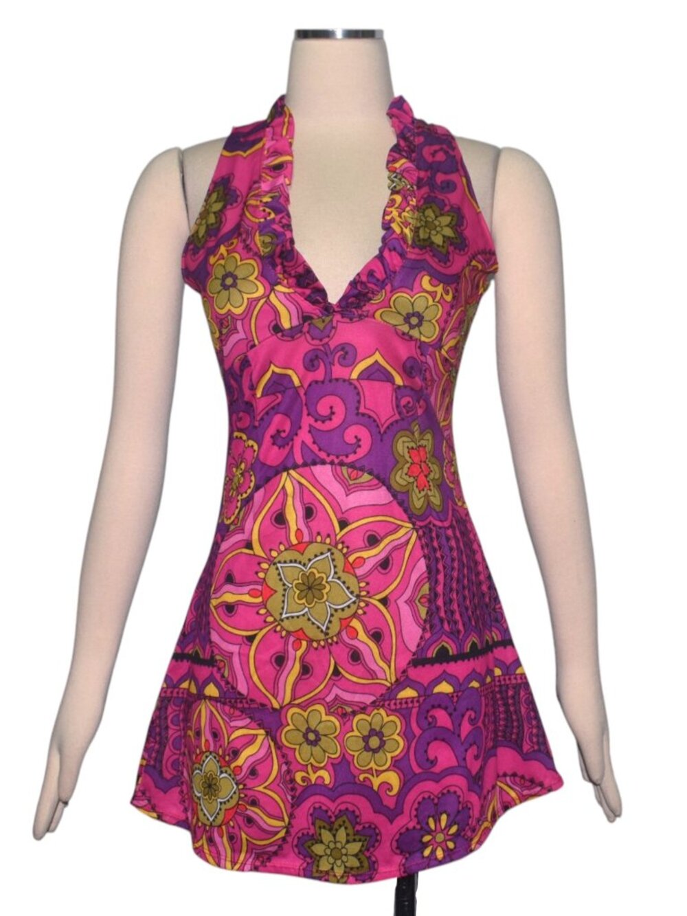 Y2K Leg Avenue Psychedelic Floral Mini Dress Pink Purple Halter Ruffle S M